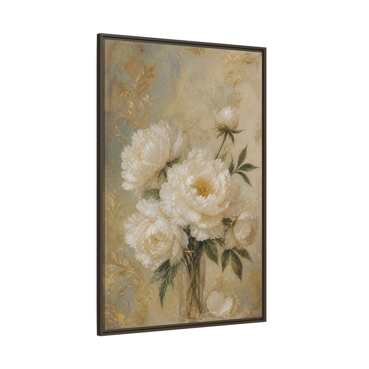 Side Mockup 8. Floral White Peonies White Gold Peonies shown as stretched canvas wall art