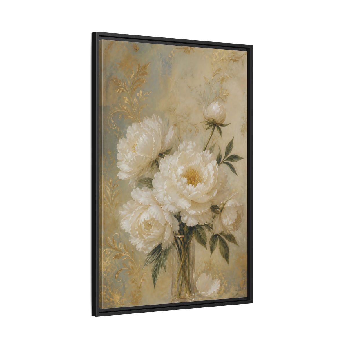 Side Mockup 13. Floral White Peonies White Gold Peonies shown as stretched canvas wall art