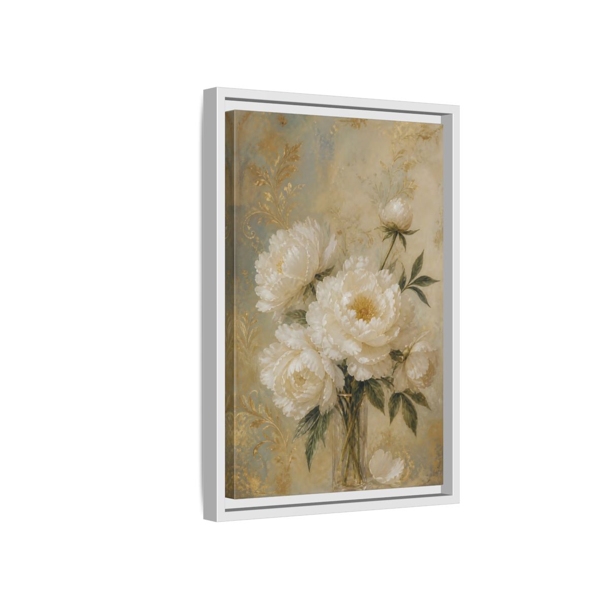 Side Mockup 4. Floral White Peonies White Gold Peonies shown as stretched canvas wall art