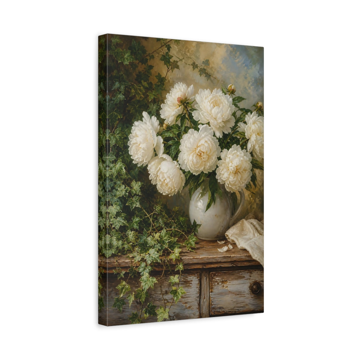 Side Mockup 4. Floral White Peonies White Peony Green shown as stretched canvas wall art