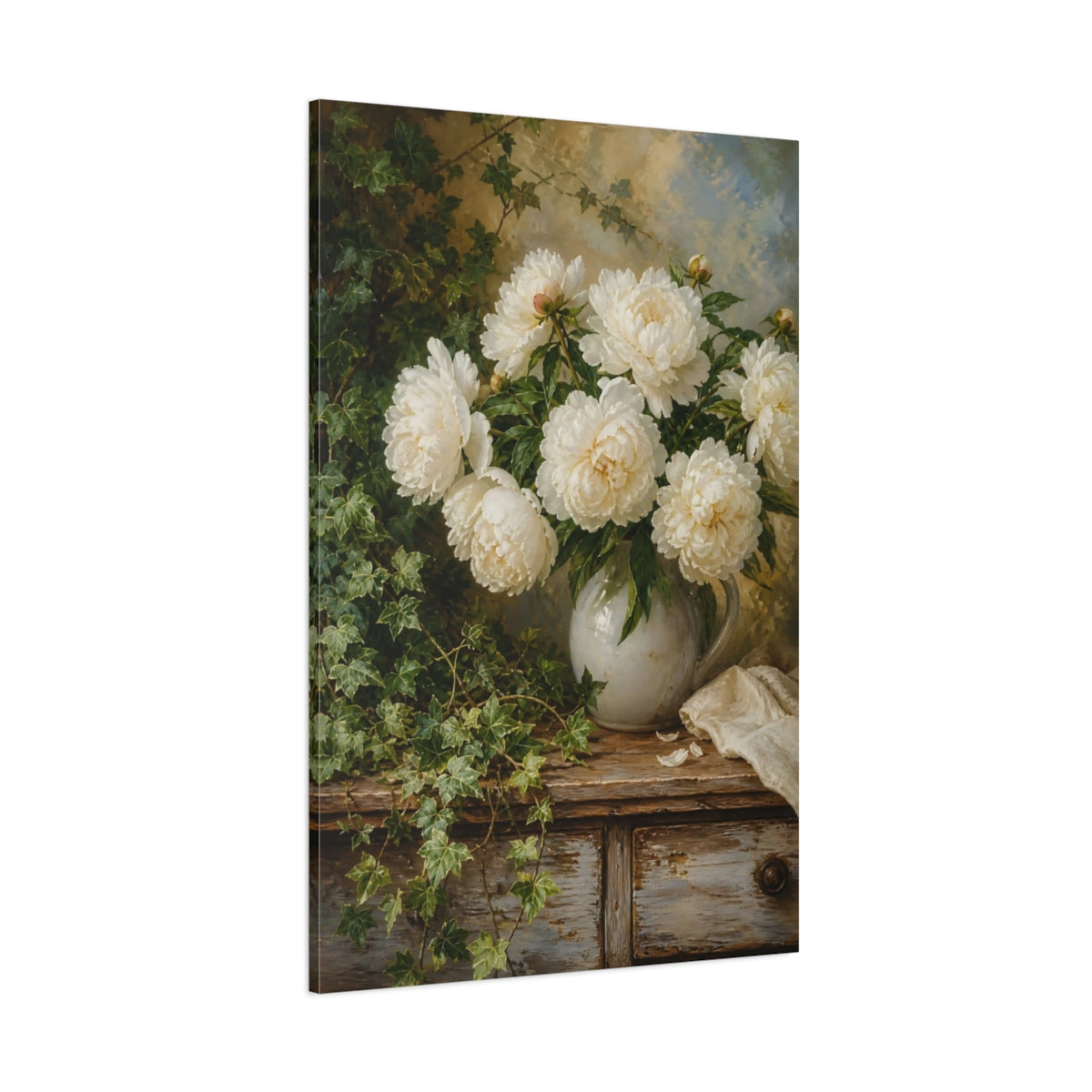 Side Mockup 1. Floral White Peonies White Peony Green shown as stretched canvas wall art