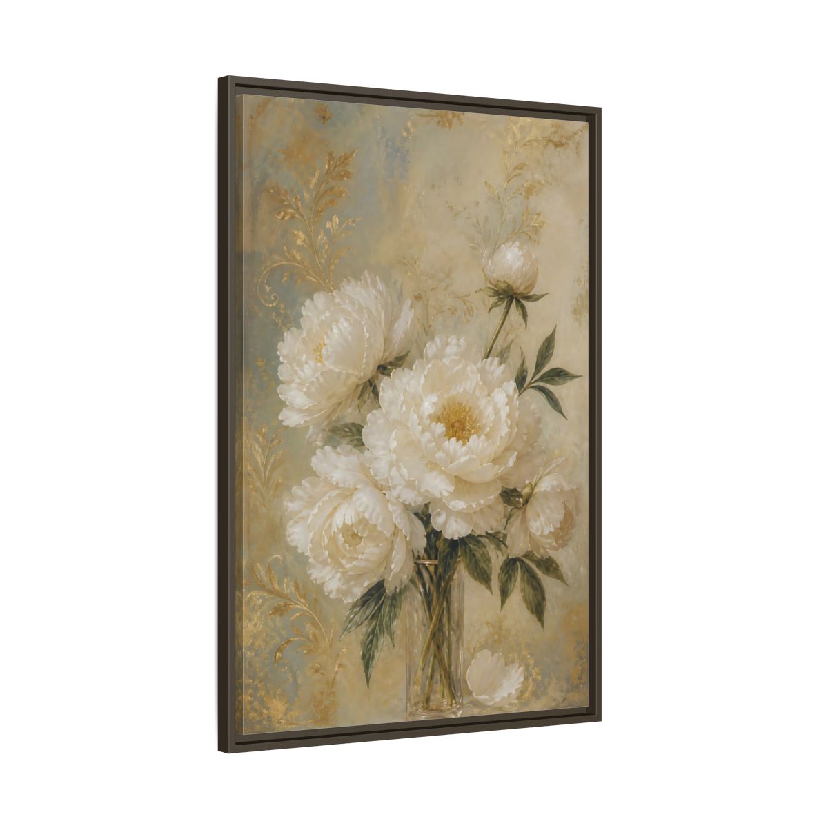 Main Mockup. Floral White Peonies White Gold Peonies shown as stretched canvas wall art