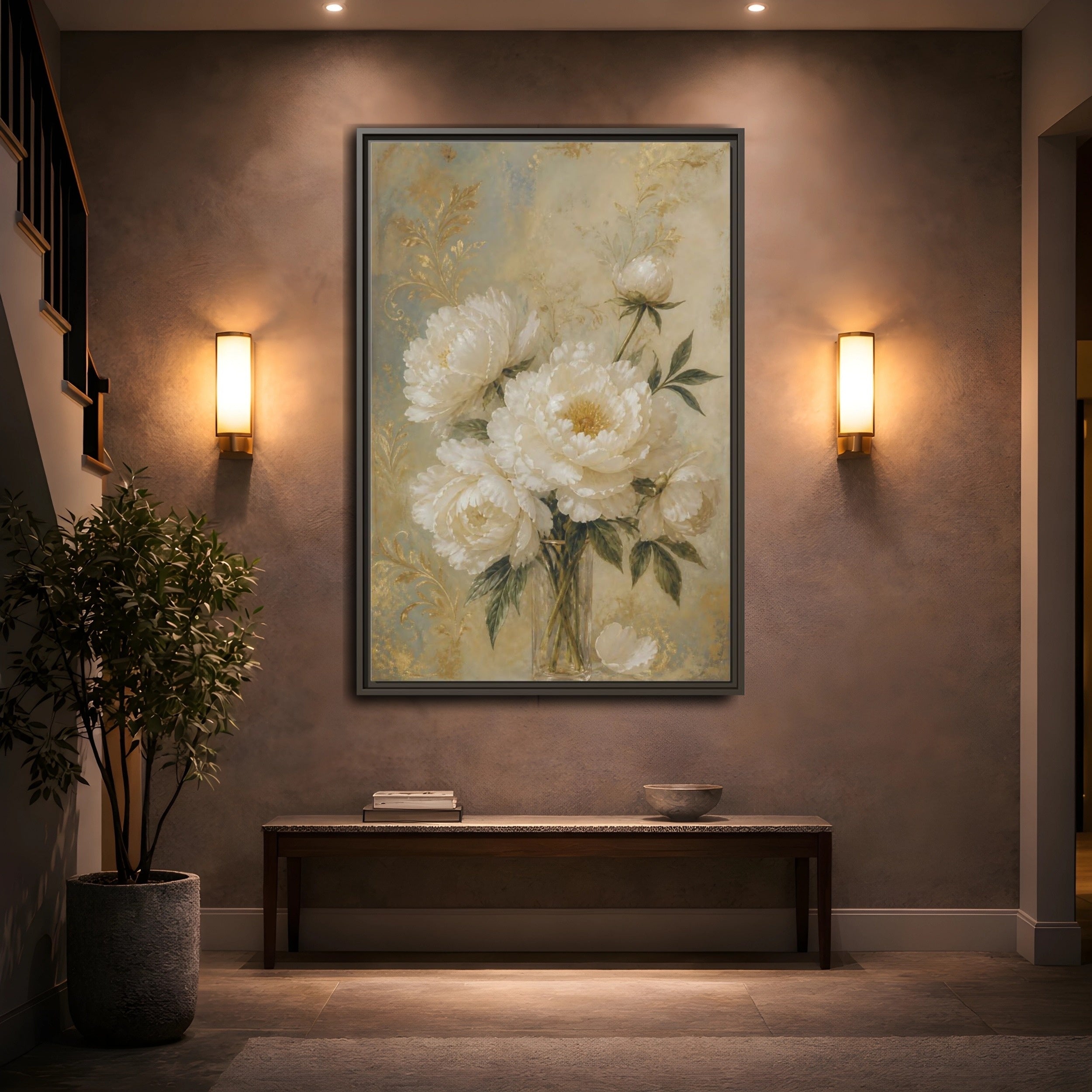 Mockup 2. Floral White Peonies White Gold Peonies shown as stretched canvas wall art