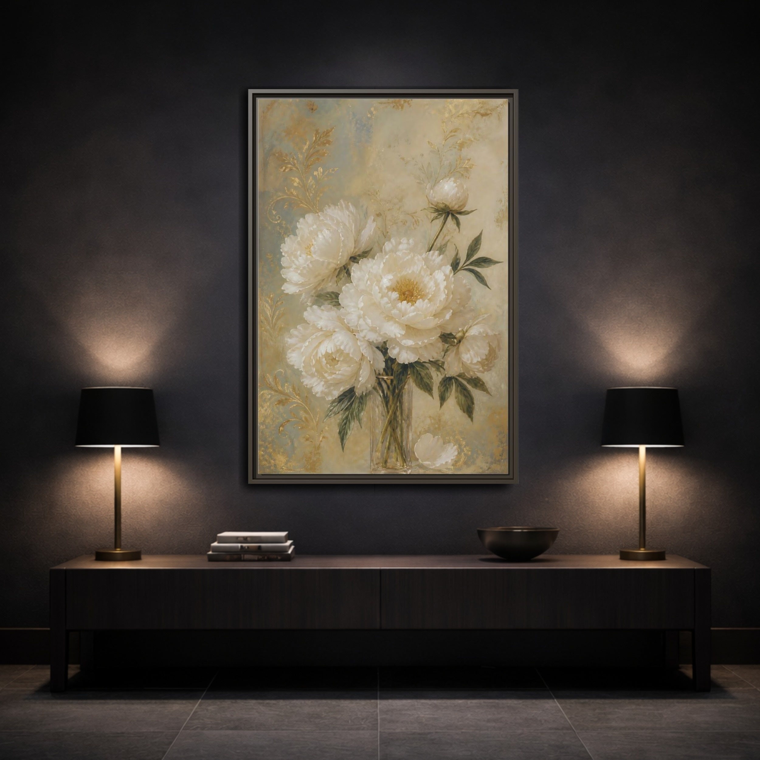 Mockup 3. Floral White Peonies White Gold Peonies shown as stretched canvas wall art