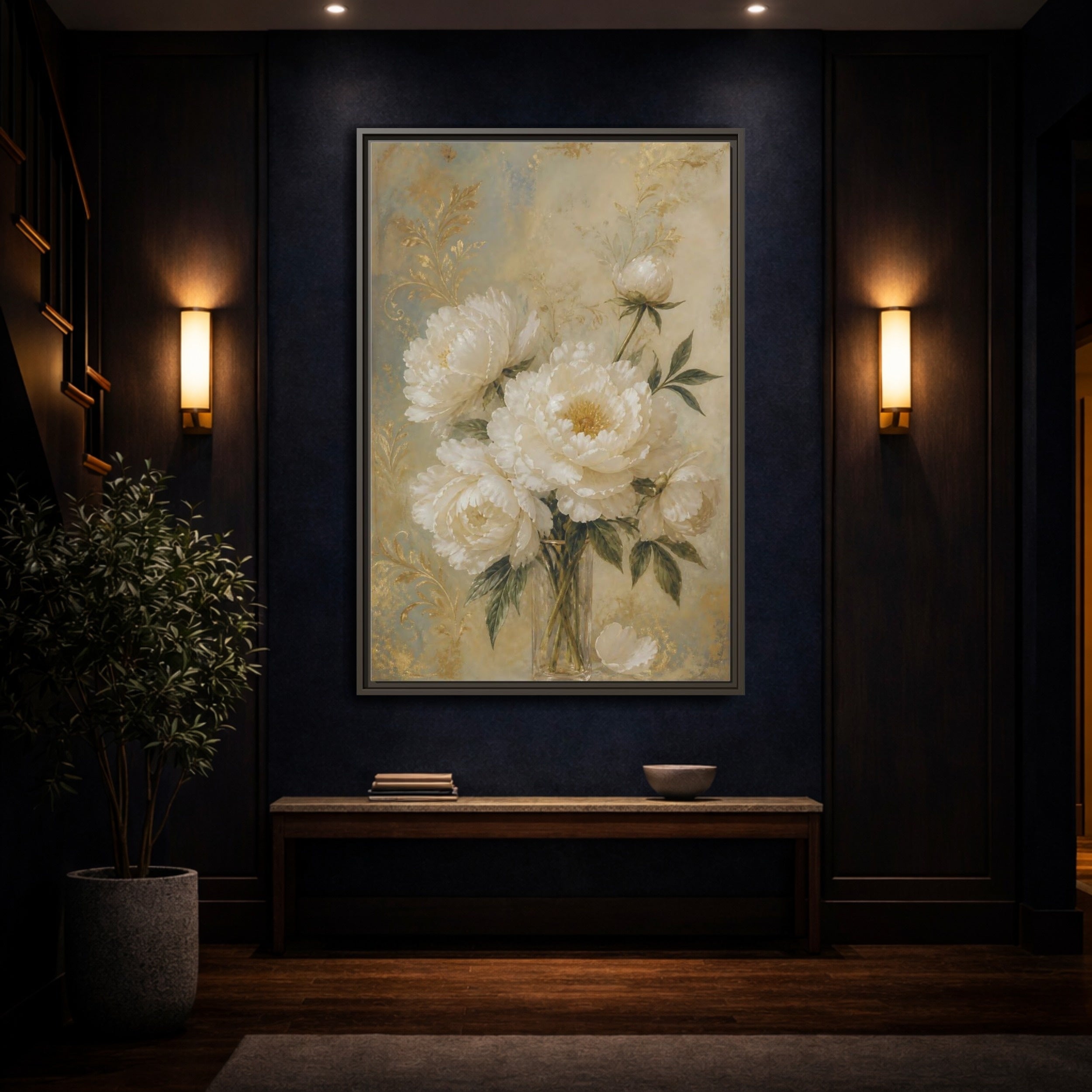 Mockup 4. Floral White Peonies White Gold Peonies shown as stretched canvas wall art