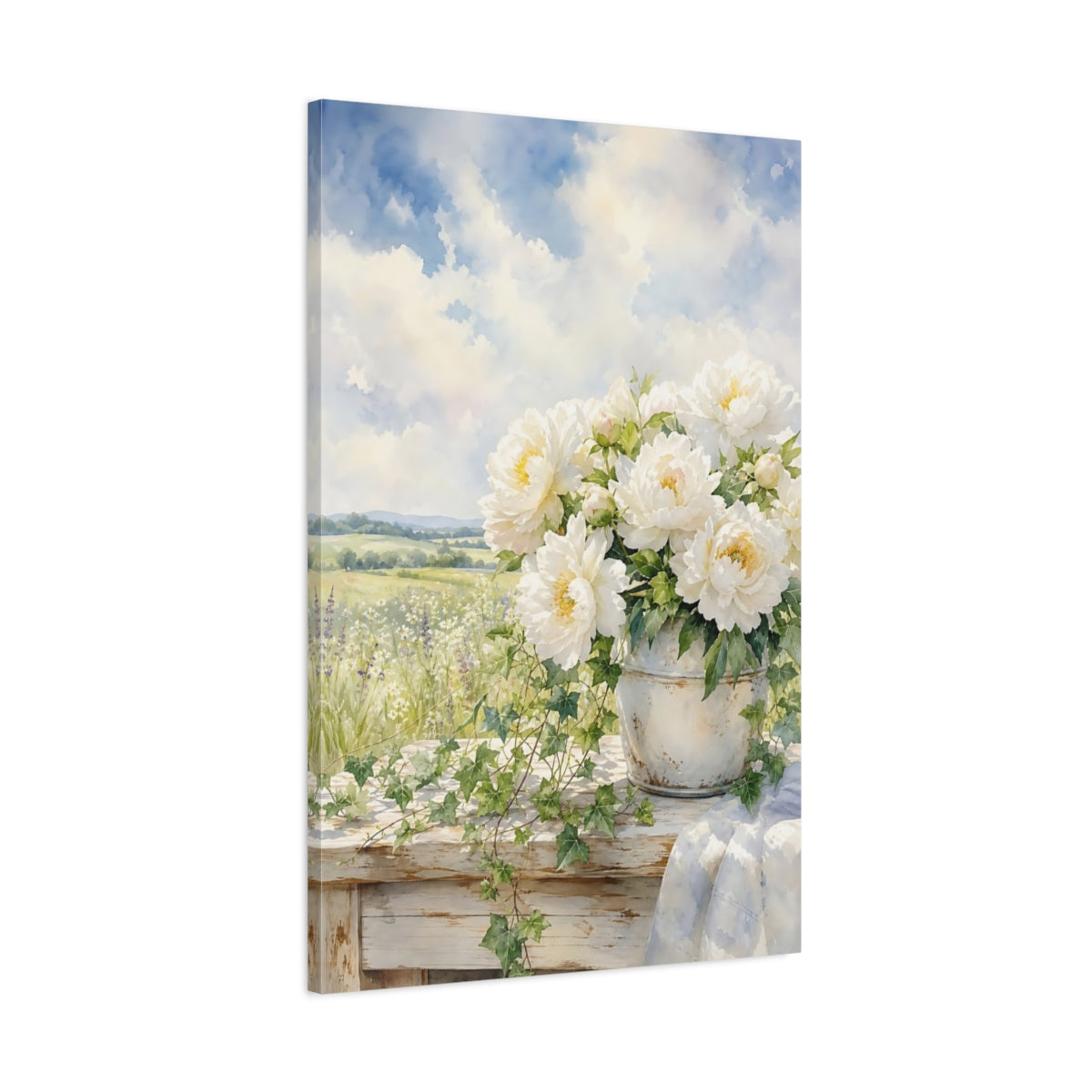 Main Mockup. Floral White Peonies White Peonies shown as stretched canvas wall art