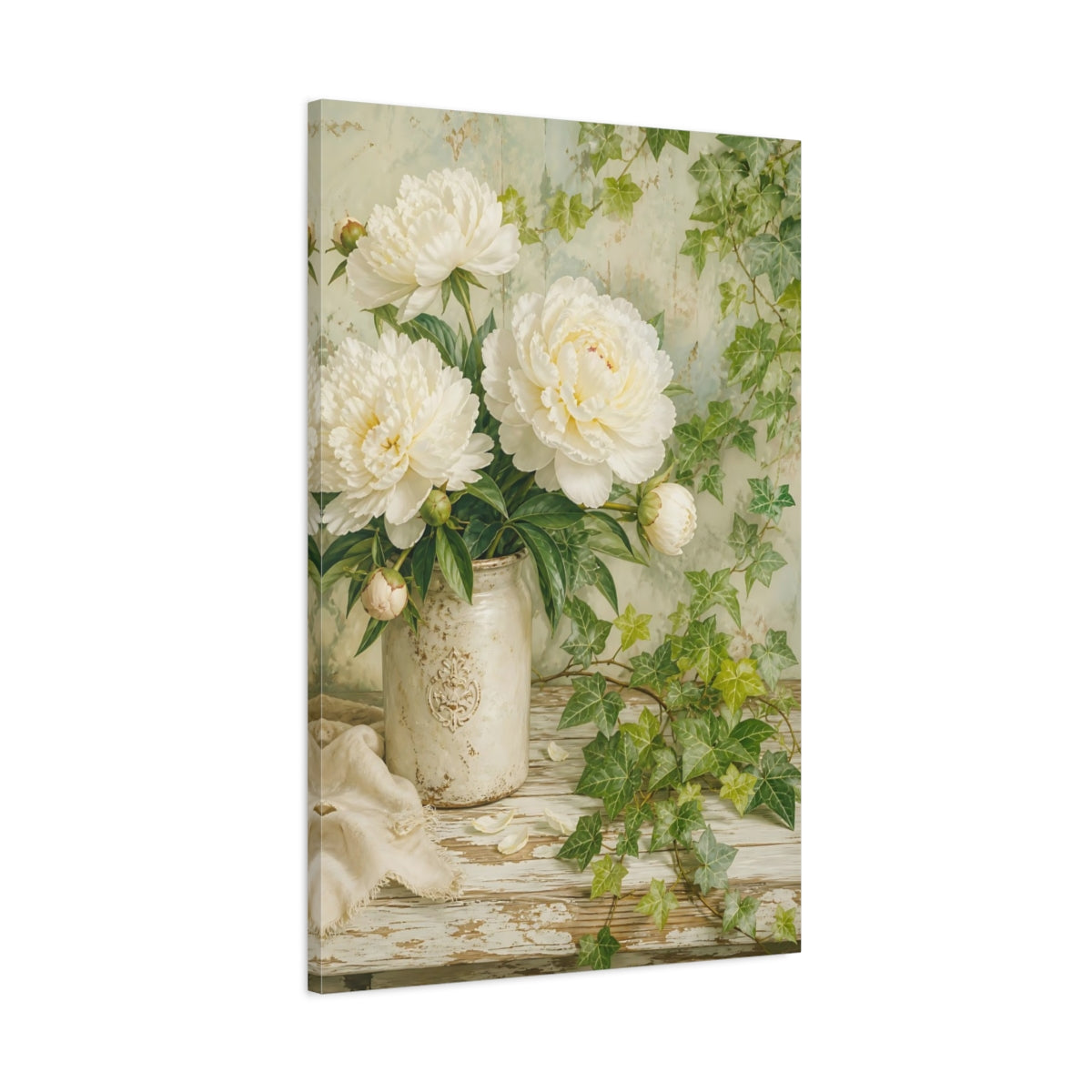 Main Mockup. Floral White Peonies White Peonies shown as stretched canvas wall art