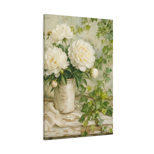 Main Mockup. Floral White Peonies White Peonies shown as stretched canvas wall art