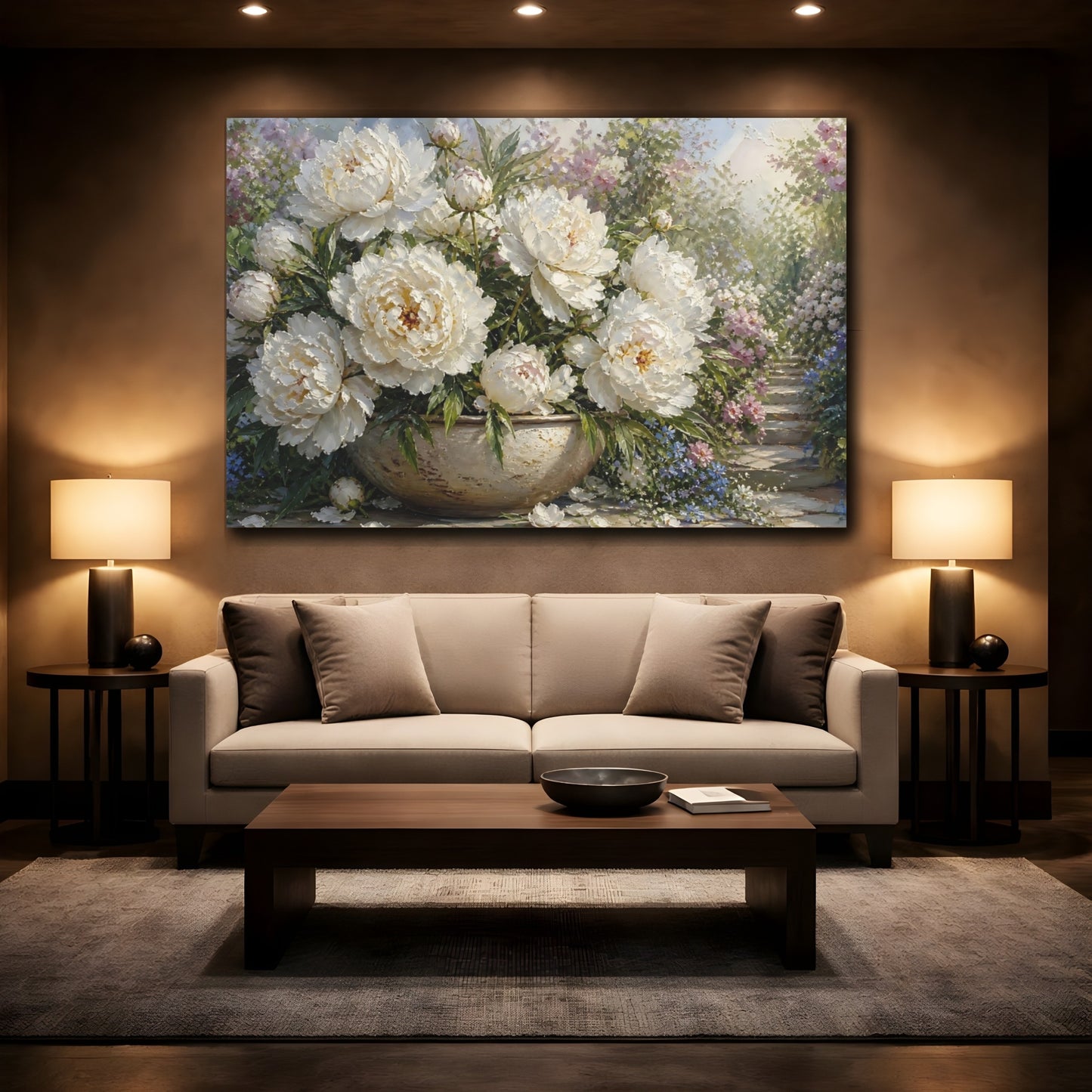 Mockup 2. Floral White Peonies White Peonies shown as stretched canvas wall art