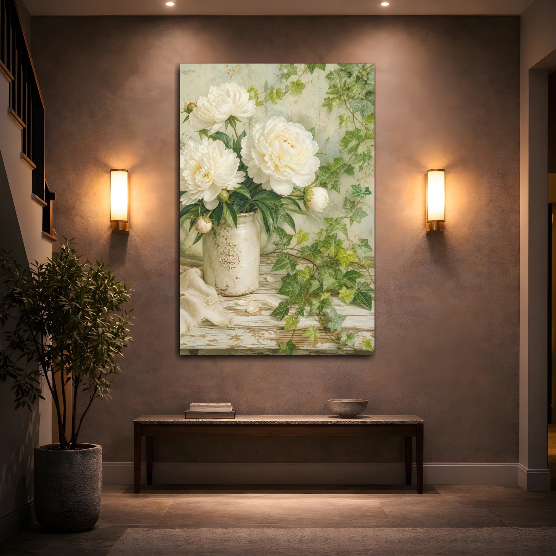 Mockup 2. Floral White Peonies White Peonies shown as stretched canvas wall art