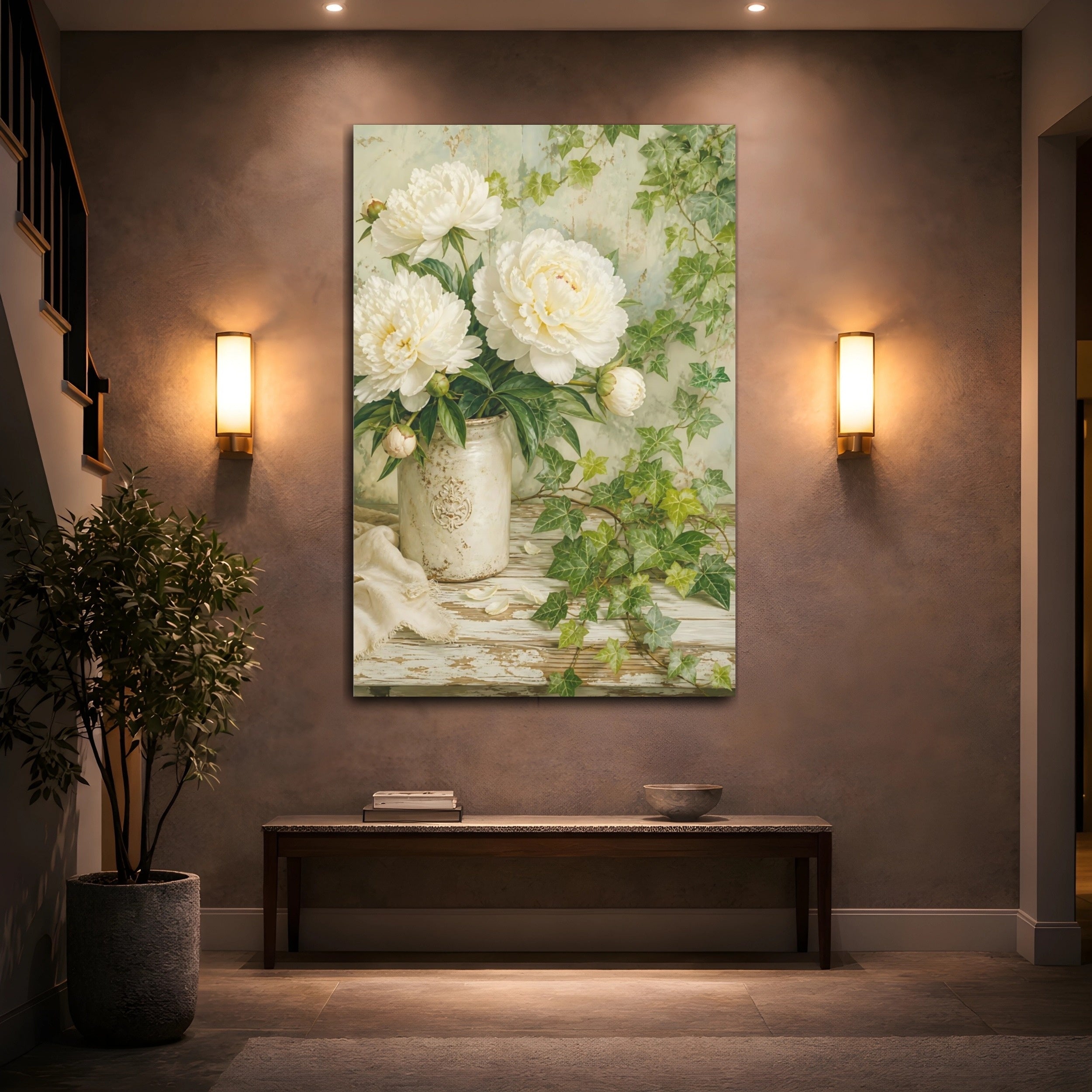 Mockup 2. Floral White Peonies White Peonies shown as stretched canvas wall art