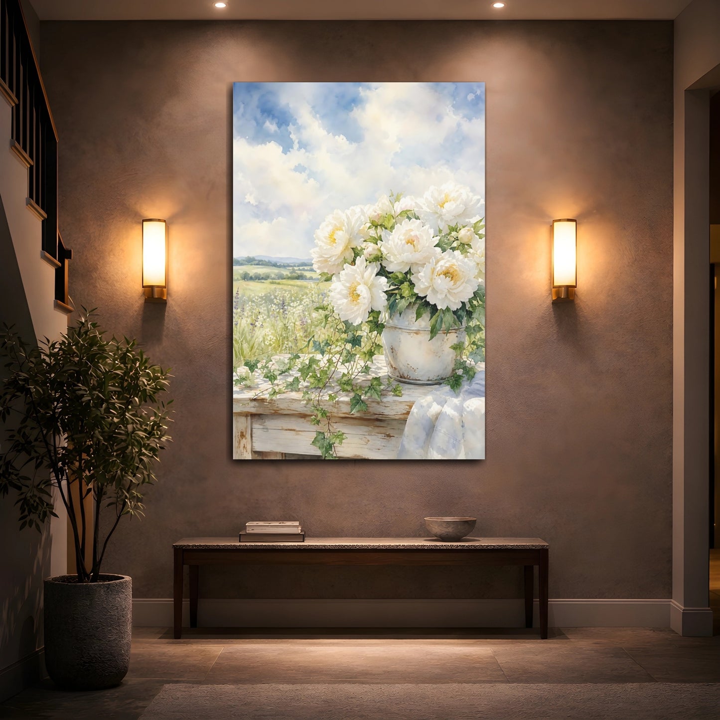 Mockup 2. Floral White Peonies White Peonies shown as stretched canvas wall art
