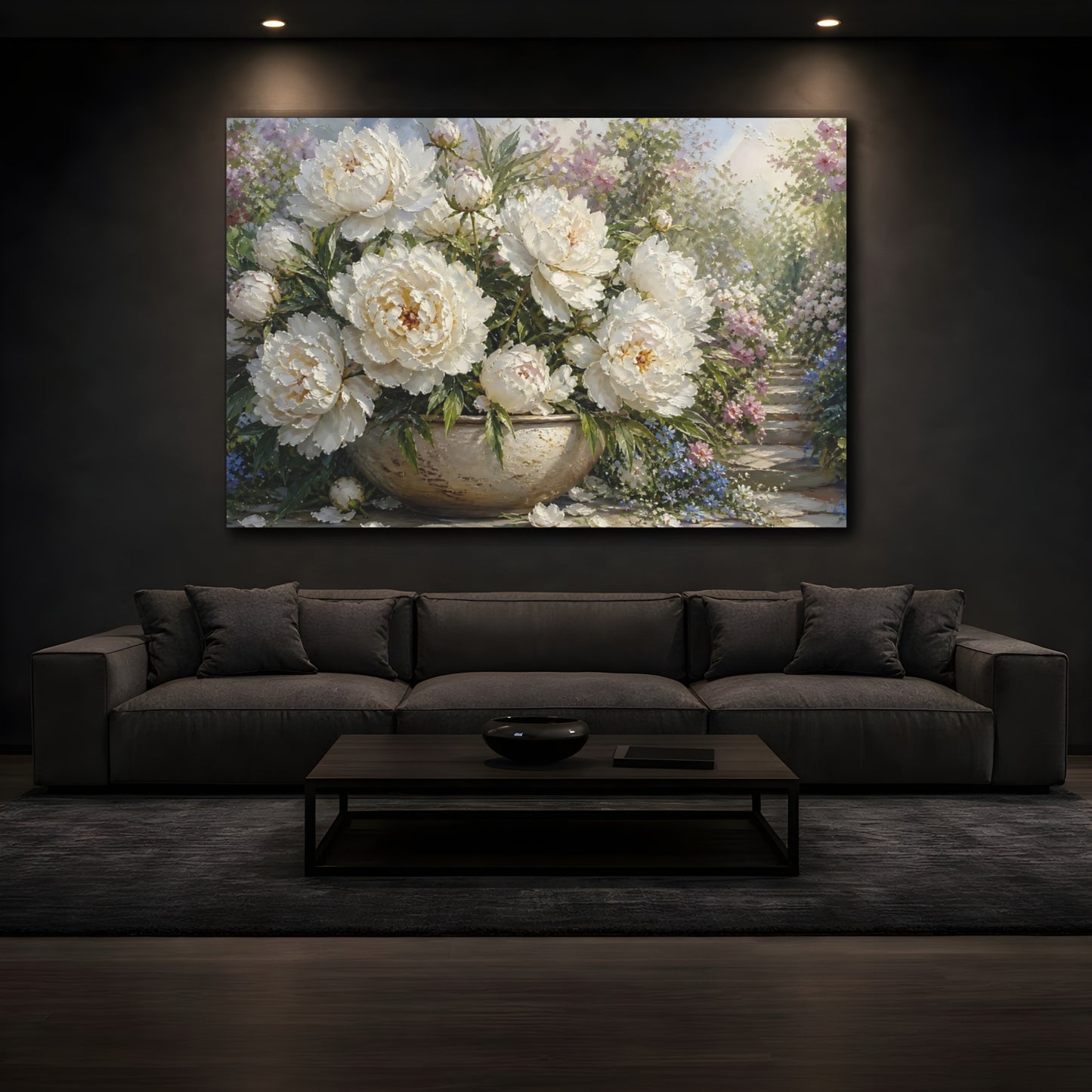 Mockup 3. Floral White Peonies White Peonies shown as stretched canvas wall art