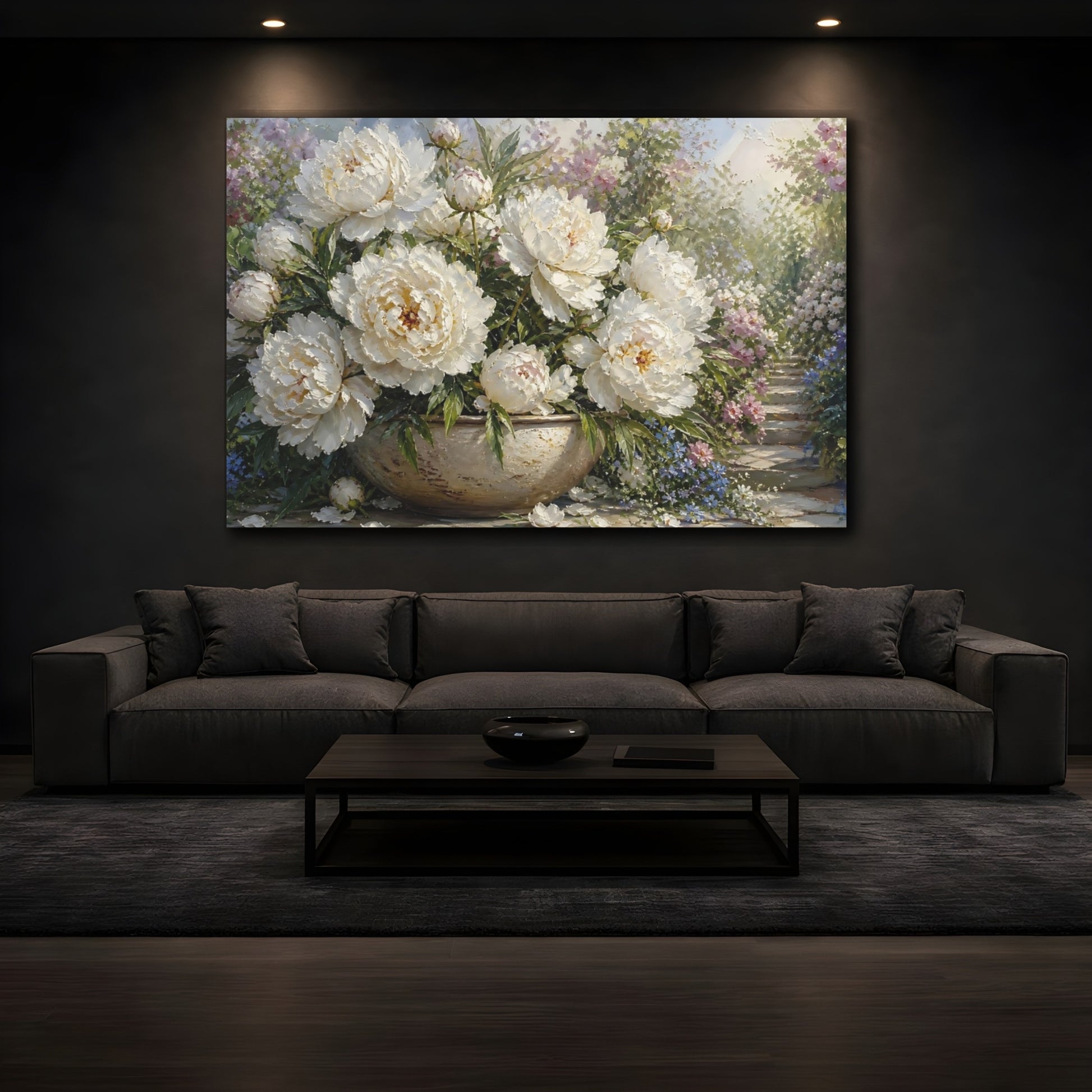 Mockup 3. Floral White Peonies White Peonies shown as stretched canvas wall art