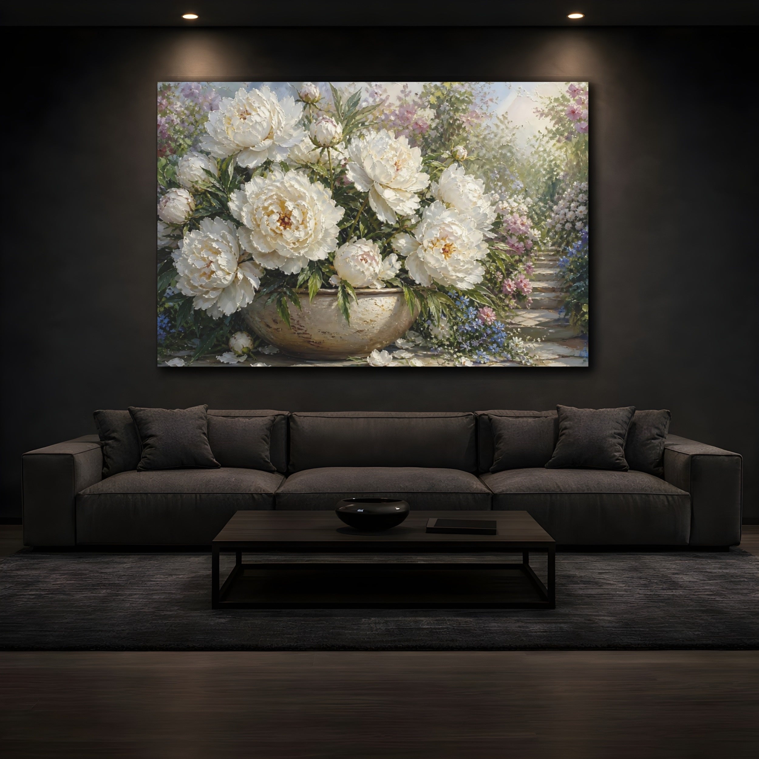 Mockup 3. Floral White Peonies White Peonies shown as stretched canvas wall art