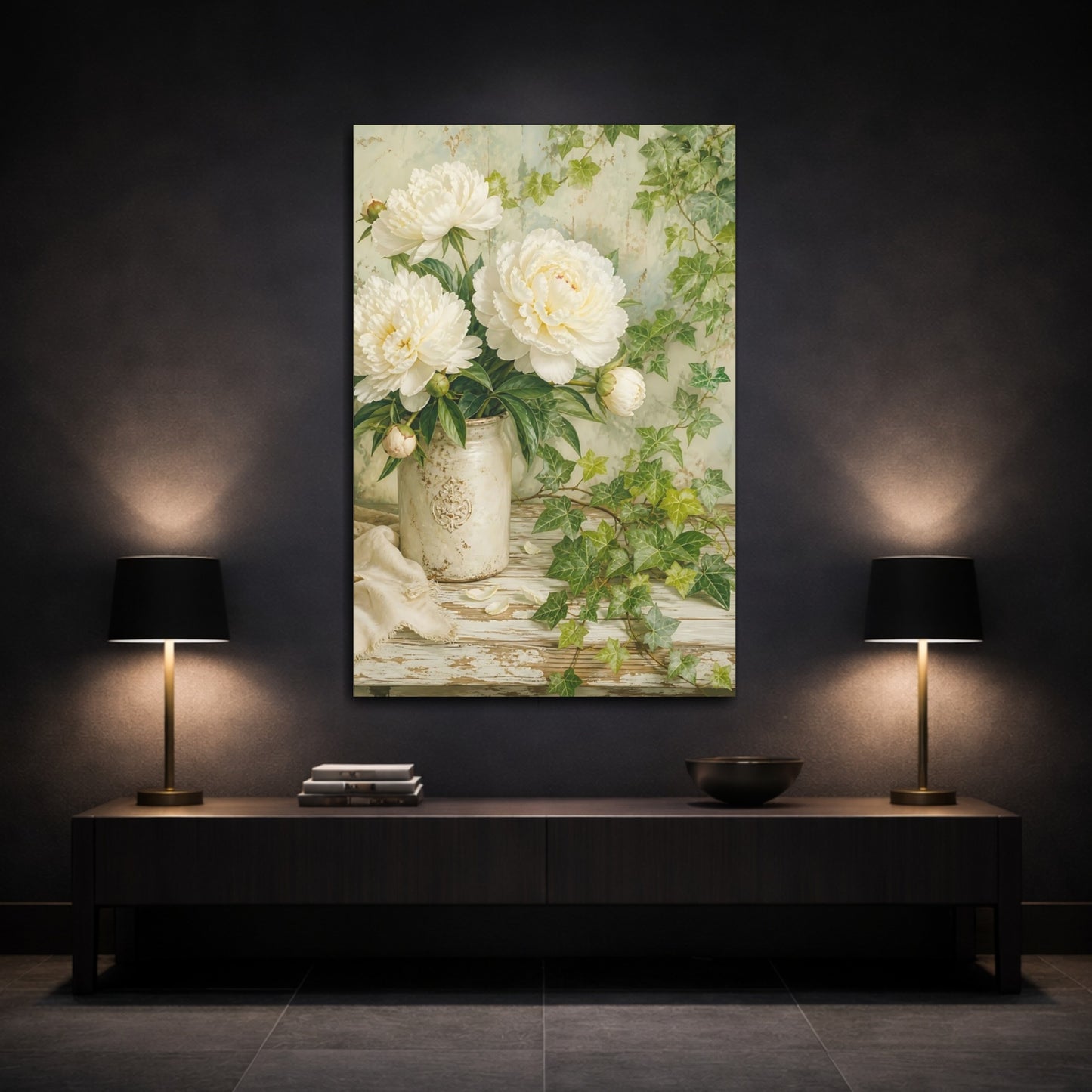 Mockup 3. Floral White Peonies White Peonies shown as stretched canvas wall art