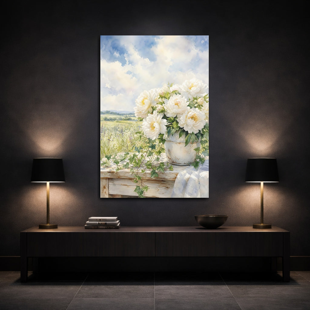 Mockup 3. Floral White Peonies White Peonies shown as stretched canvas wall art