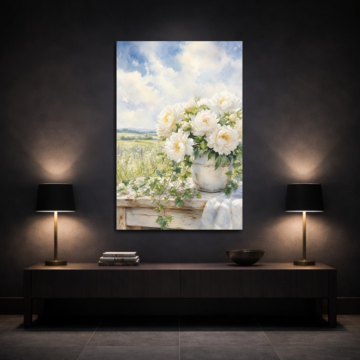 Mockup 3. Floral White Peonies White Peonies shown as stretched canvas wall art