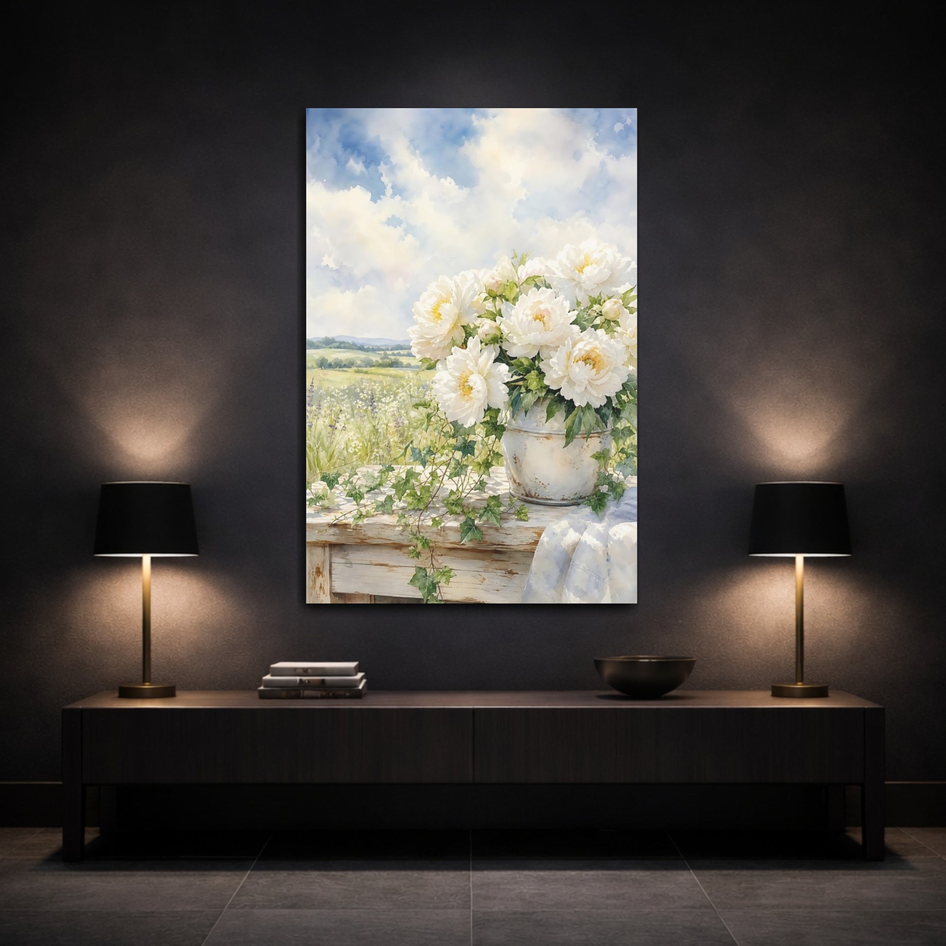 Mockup 3. Floral White Peonies White Peonies shown as stretched canvas wall art