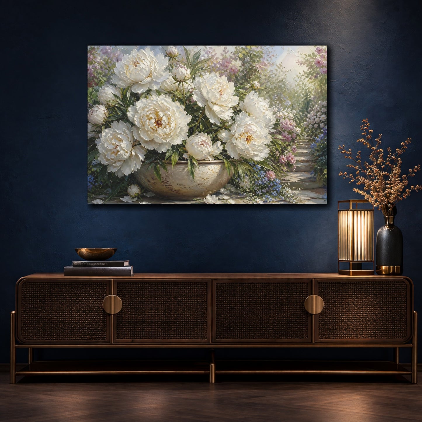 Mockup 4. Floral White Peonies White Peonies shown as stretched canvas wall art