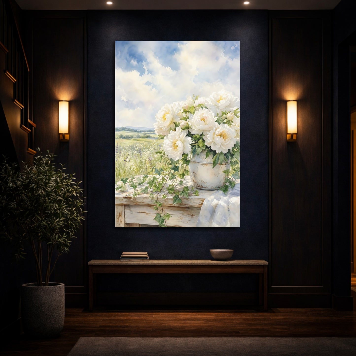 Mockup 4. Floral White Peonies White Peonies shown as stretched canvas wall art