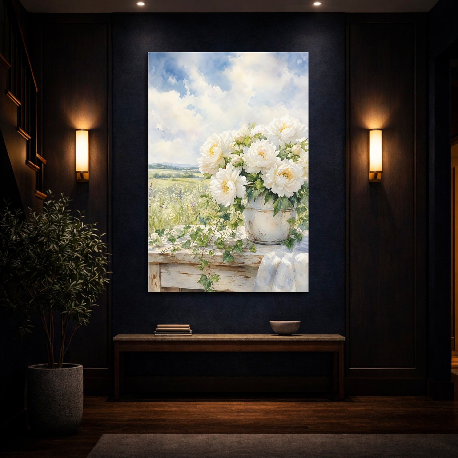 Mockup 4. Floral White Peonies White Peonies shown as stretched canvas wall art