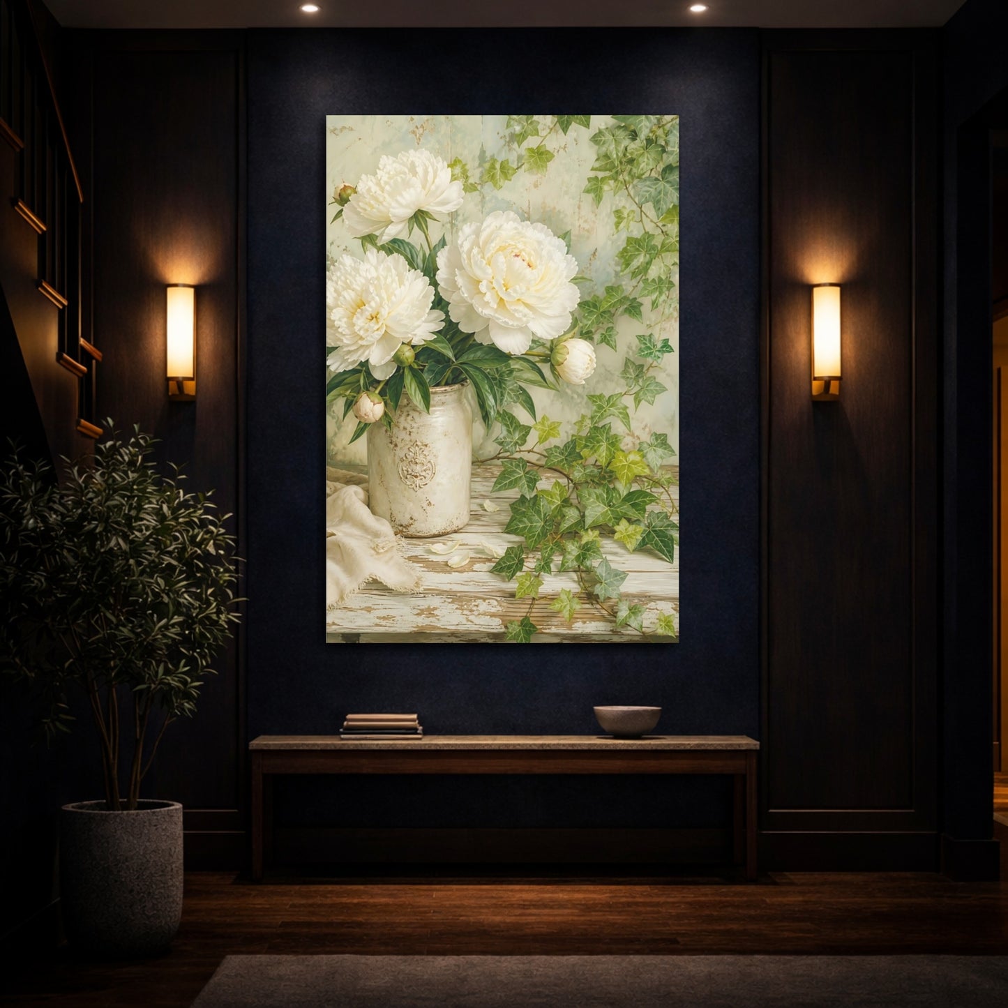 Mockup 4. Floral White Peonies White Peonies shown as stretched canvas wall art