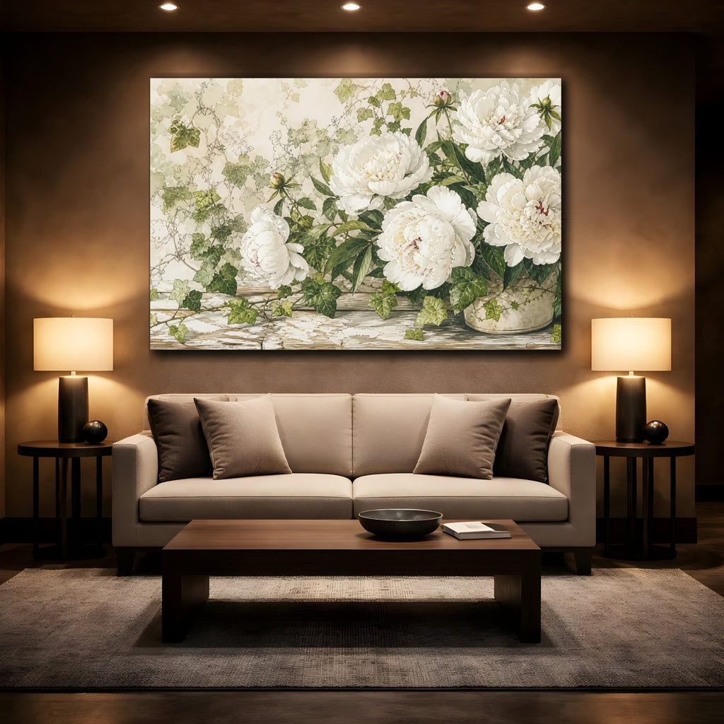 Mockup 2. Floral White Peonies White Peony Floral shown as stretched canvas wall art