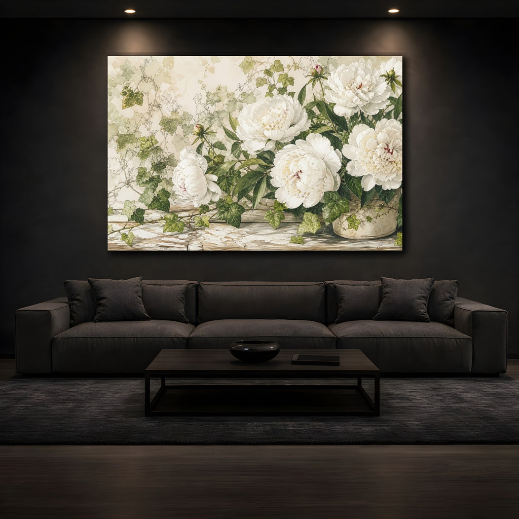 Mockup 3. Floral White Peonies White Peony Floral shown as stretched canvas wall art