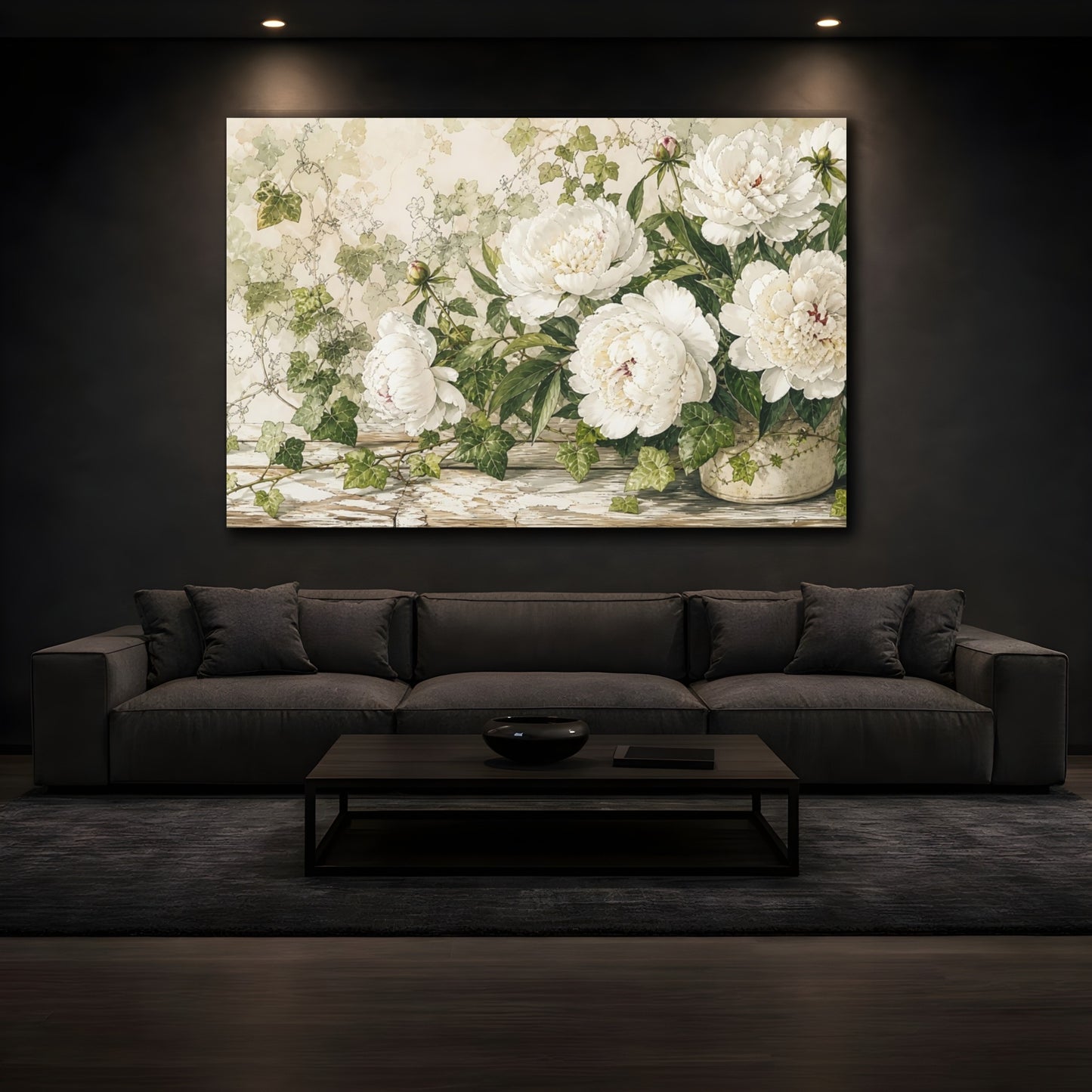 Mockup 3. Floral White Peonies White Peony Floral shown as stretched canvas wall art