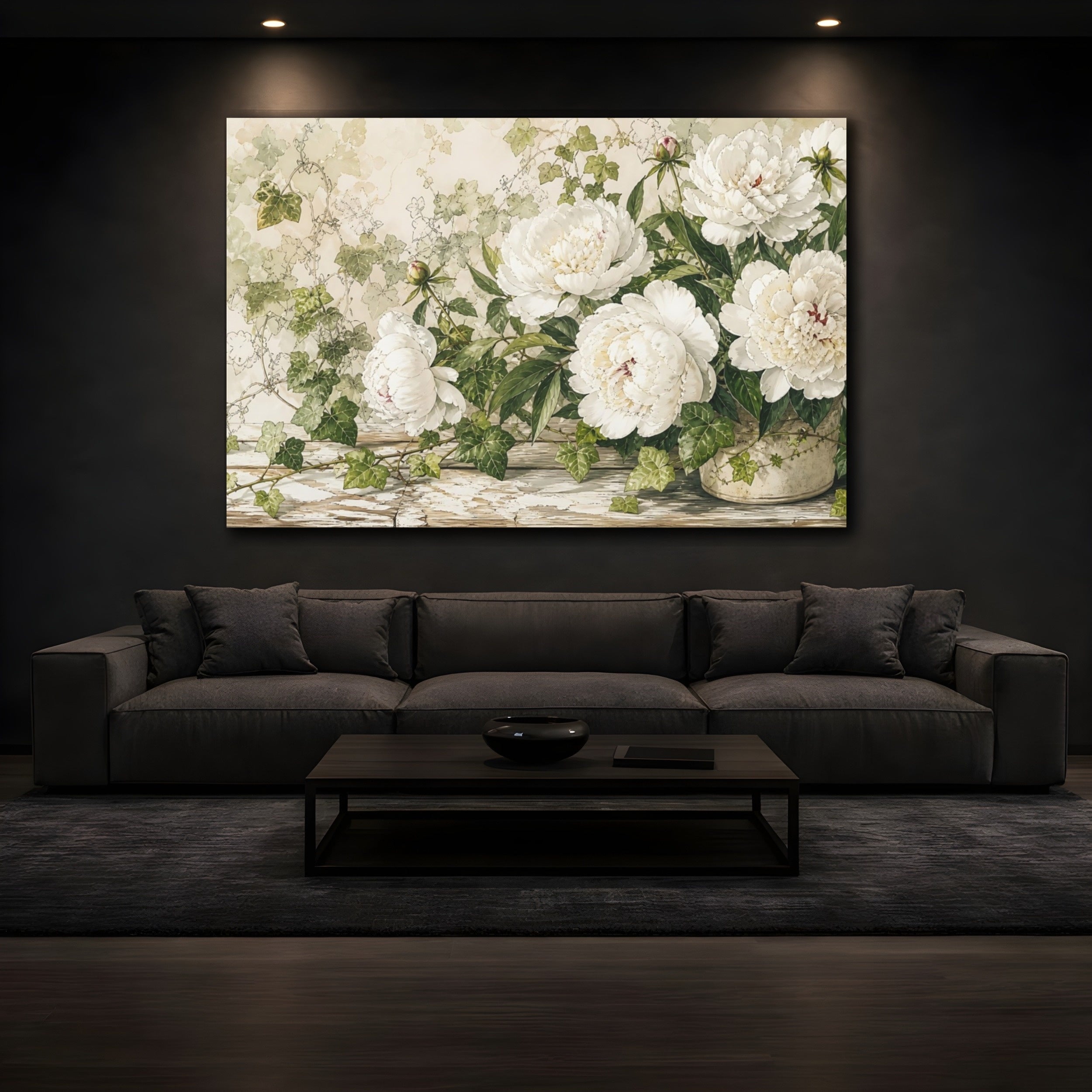 Mockup 3. Floral White Peonies White Peony Floral shown as stretched canvas wall art
