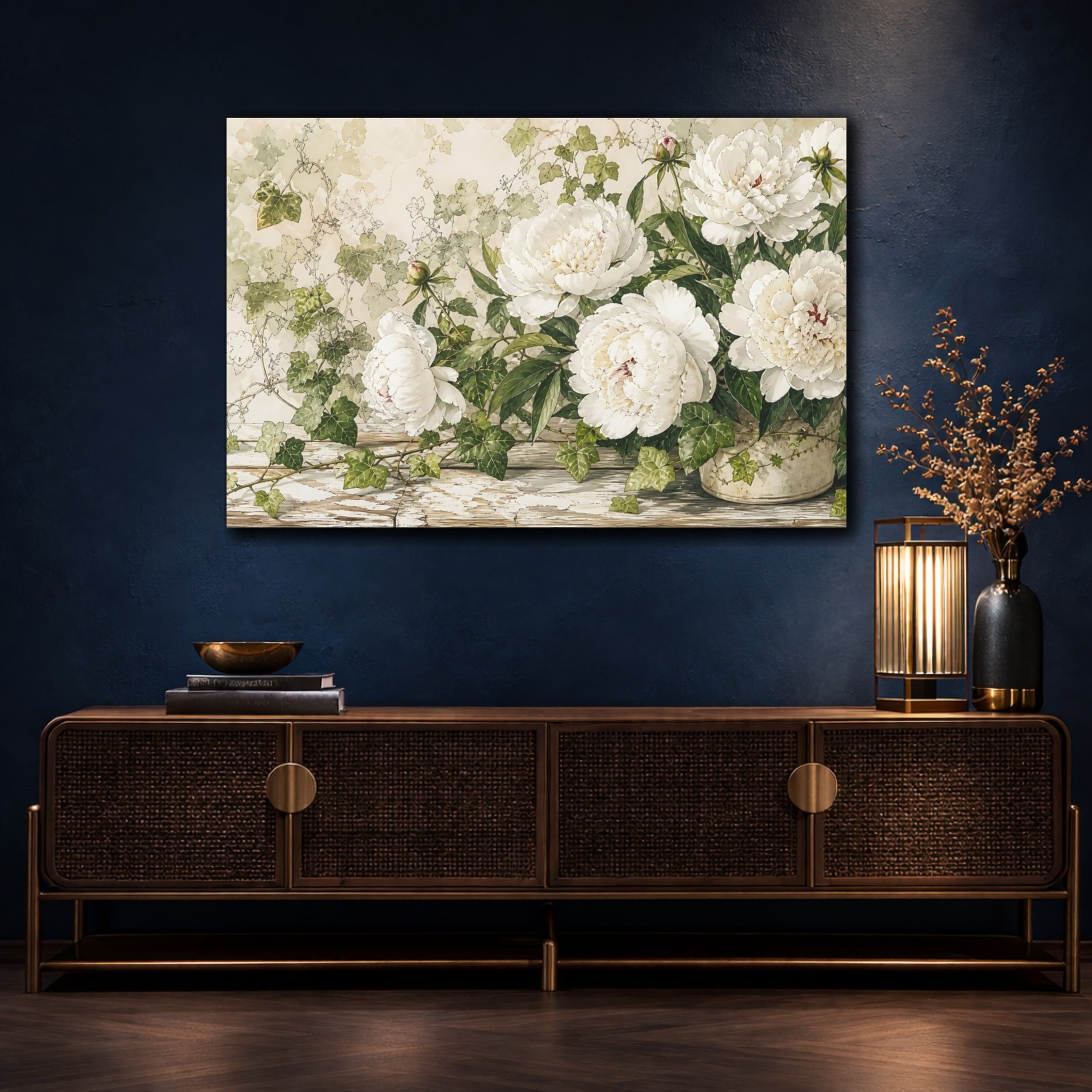 Mockup 4. Floral White Peonies White Peony Floral shown as stretched canvas wall art
