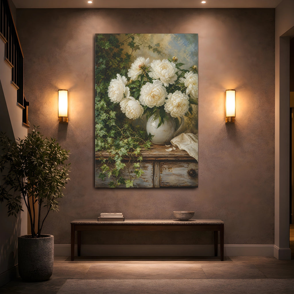 Mockup 2. Floral White Peonies White Peony Green shown as stretched canvas wall art