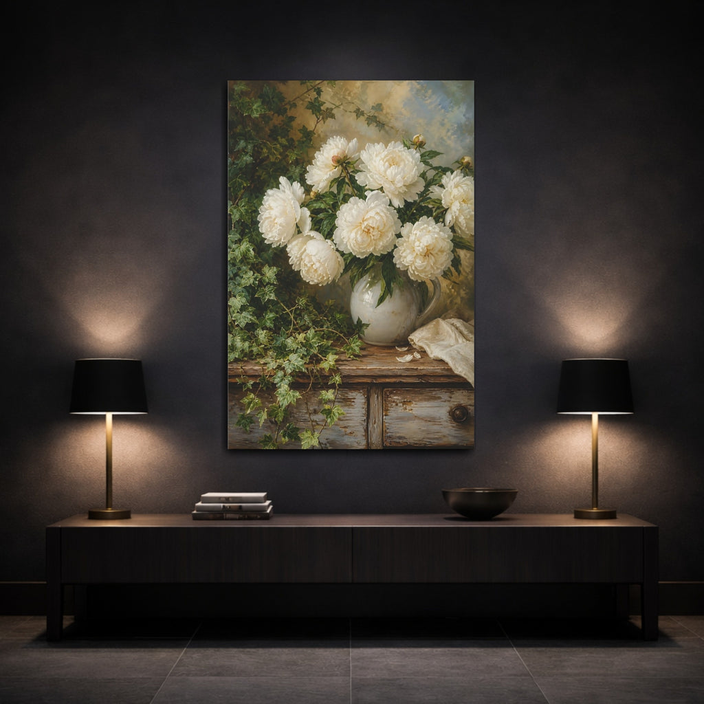 Mockup 3. Floral White Peonies White Peony Green shown as stretched canvas wall art