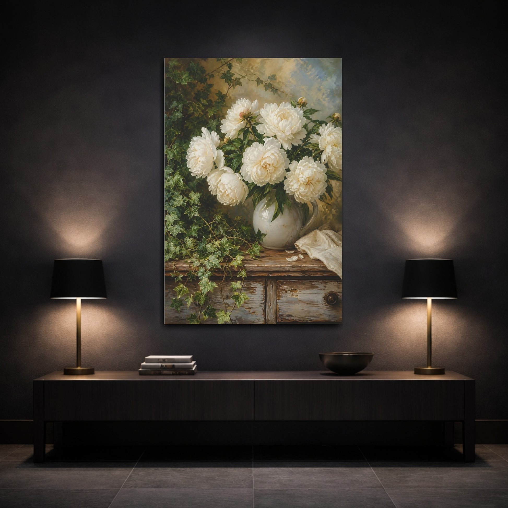 Mockup 3. Floral White Peonies White Peony Green shown as stretched canvas wall art