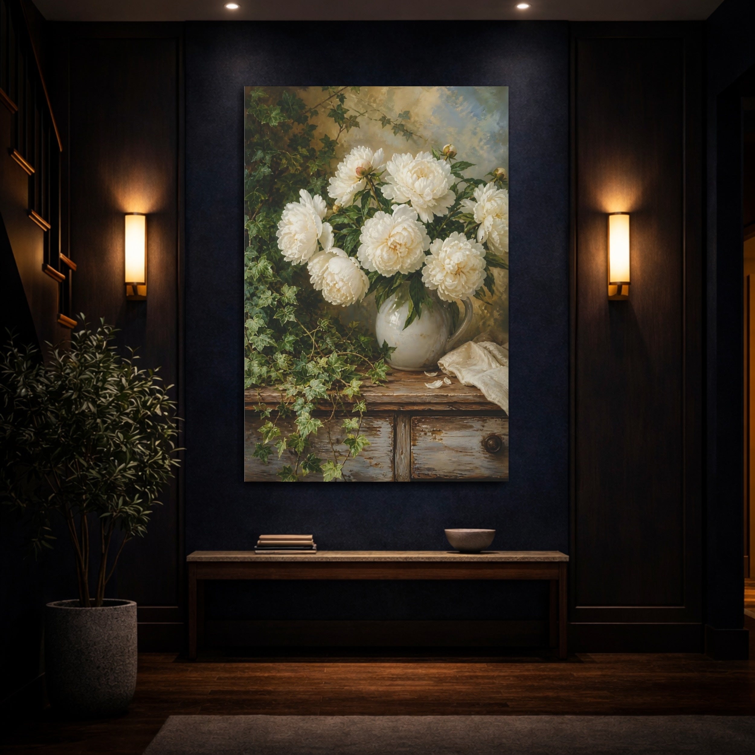 Mockup 4. Floral White Peonies White Peony Green shown as stretched canvas wall art