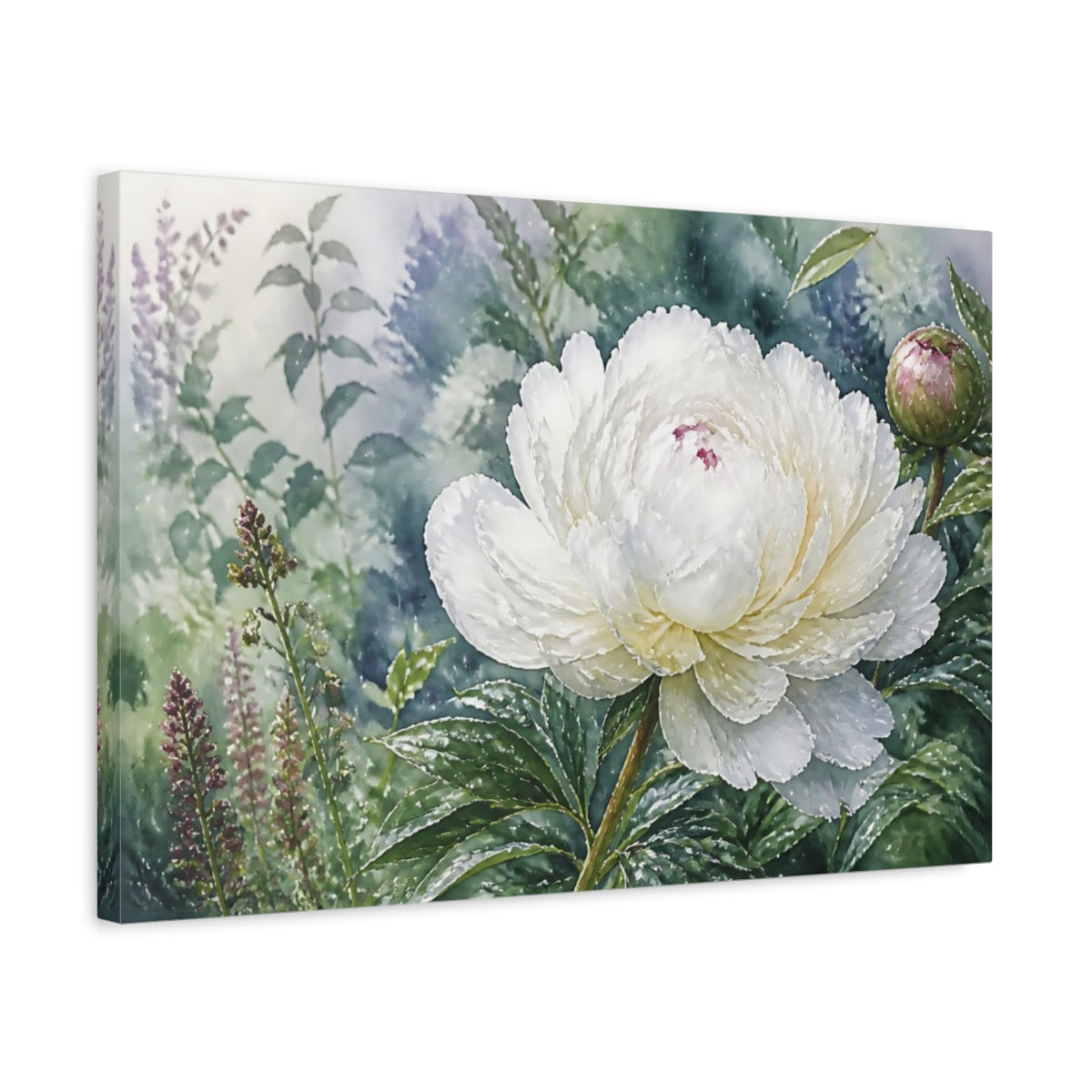 Side Mockup 3. Floral White Peony White Peony Flower shown as stretched canvas wall art