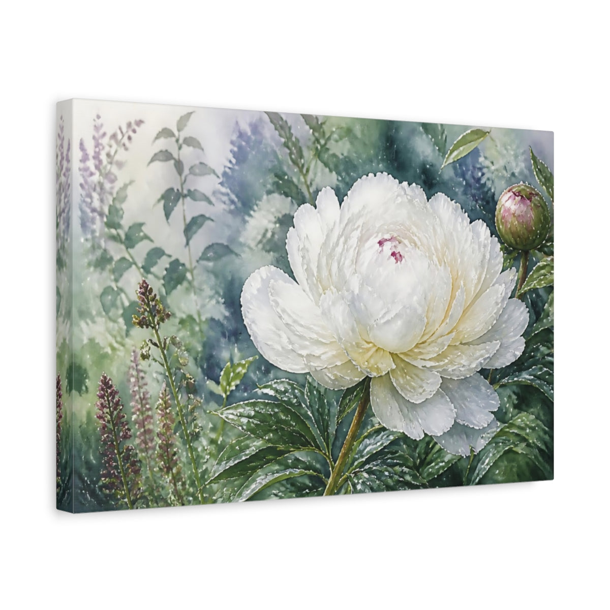 Side Mockup 4. Floral White Peony White Peony Flower shown as stretched canvas wall art