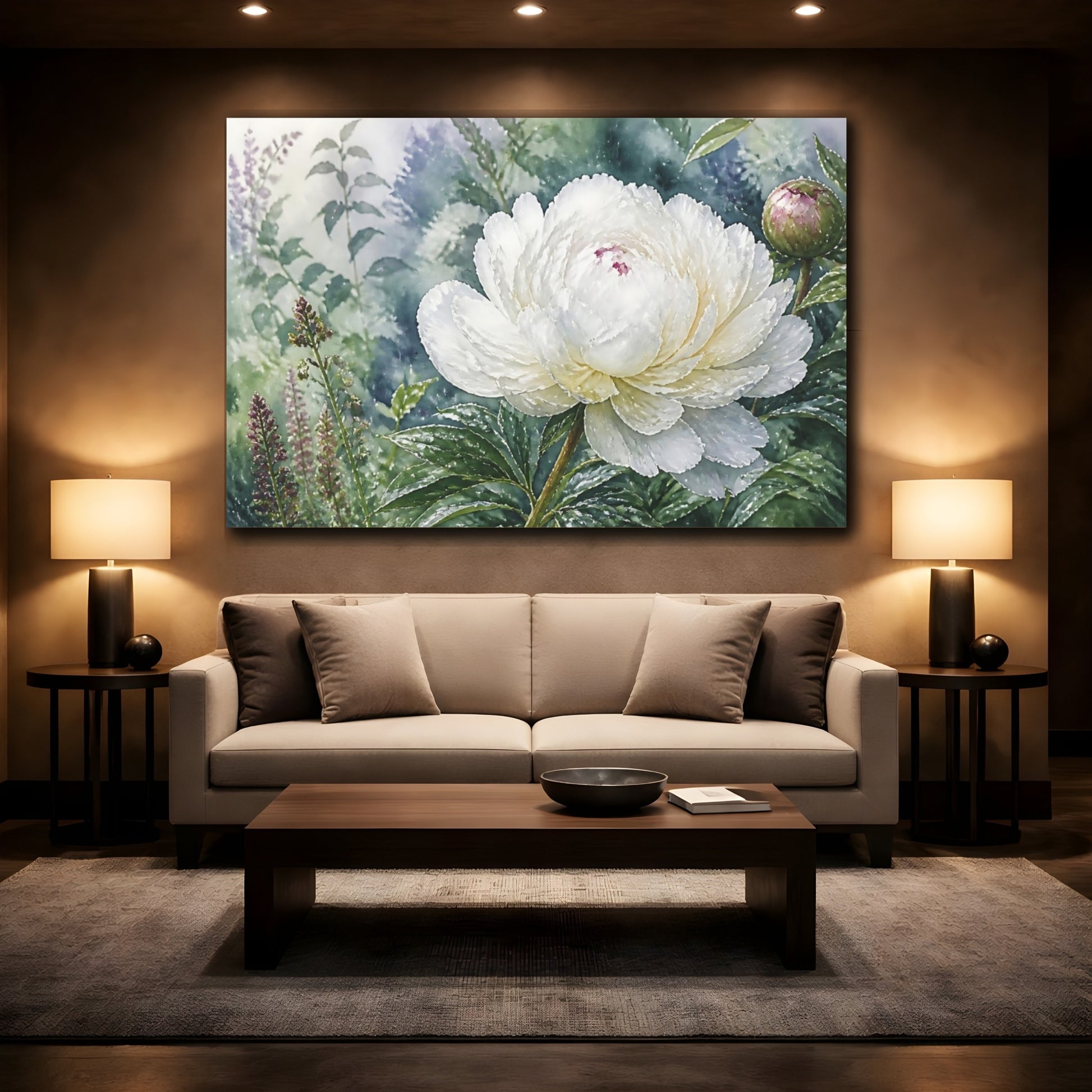 Mockup 2. Floral White Peony White Peony Flower shown as stretched canvas wall art