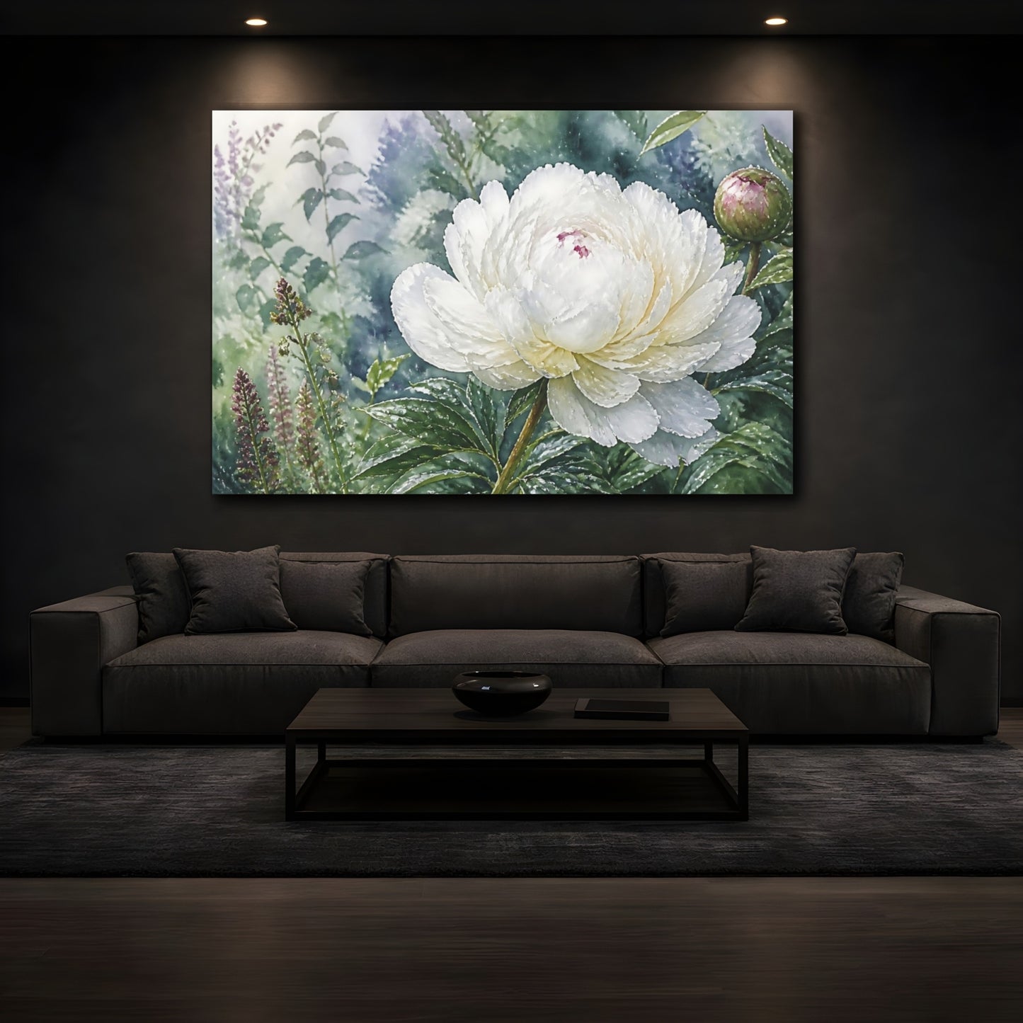 Mockup 3. Floral White Peony White Peony Flower shown as stretched canvas wall art