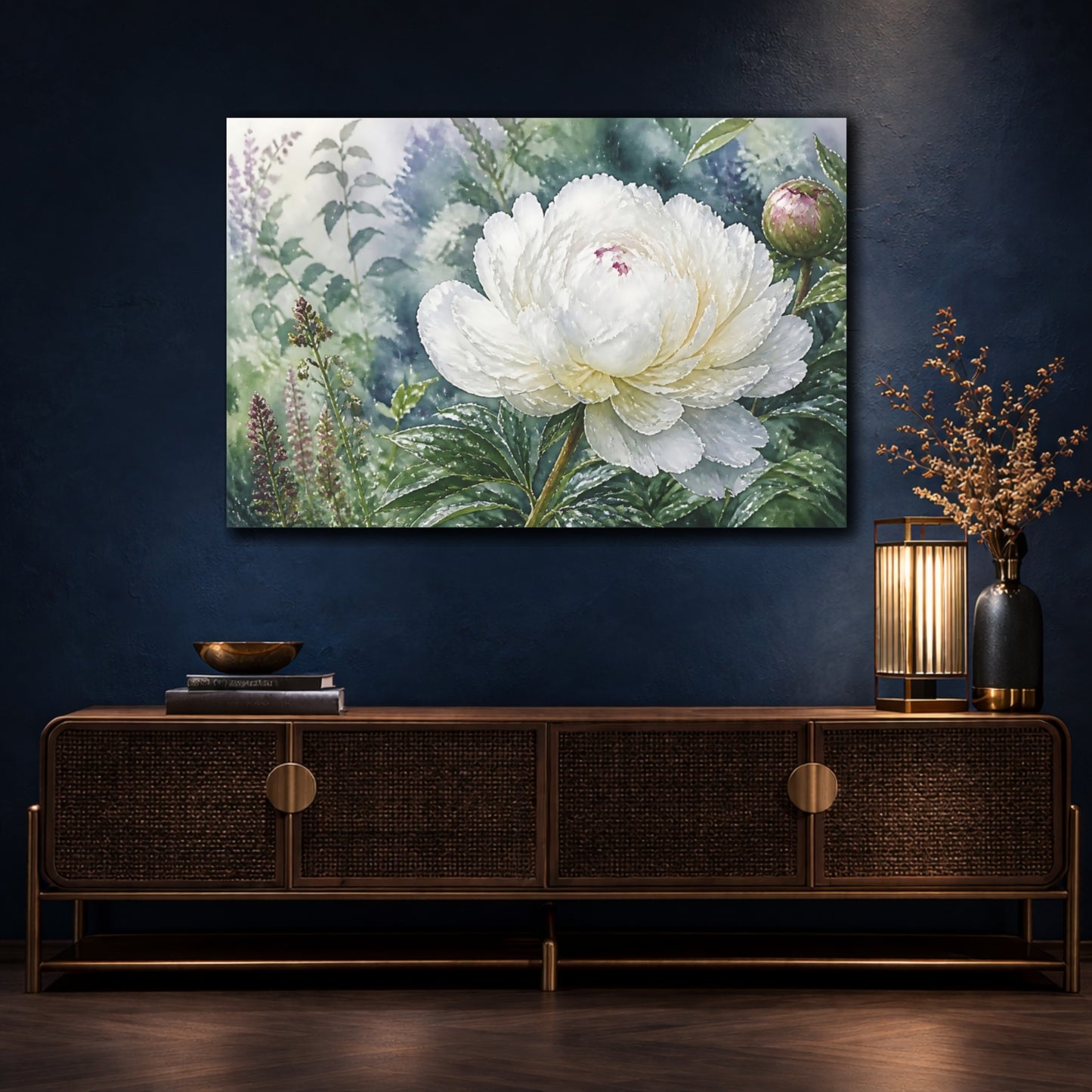 Mockup 4. Floral White Peony White Peony Flower shown as stretched canvas wall art