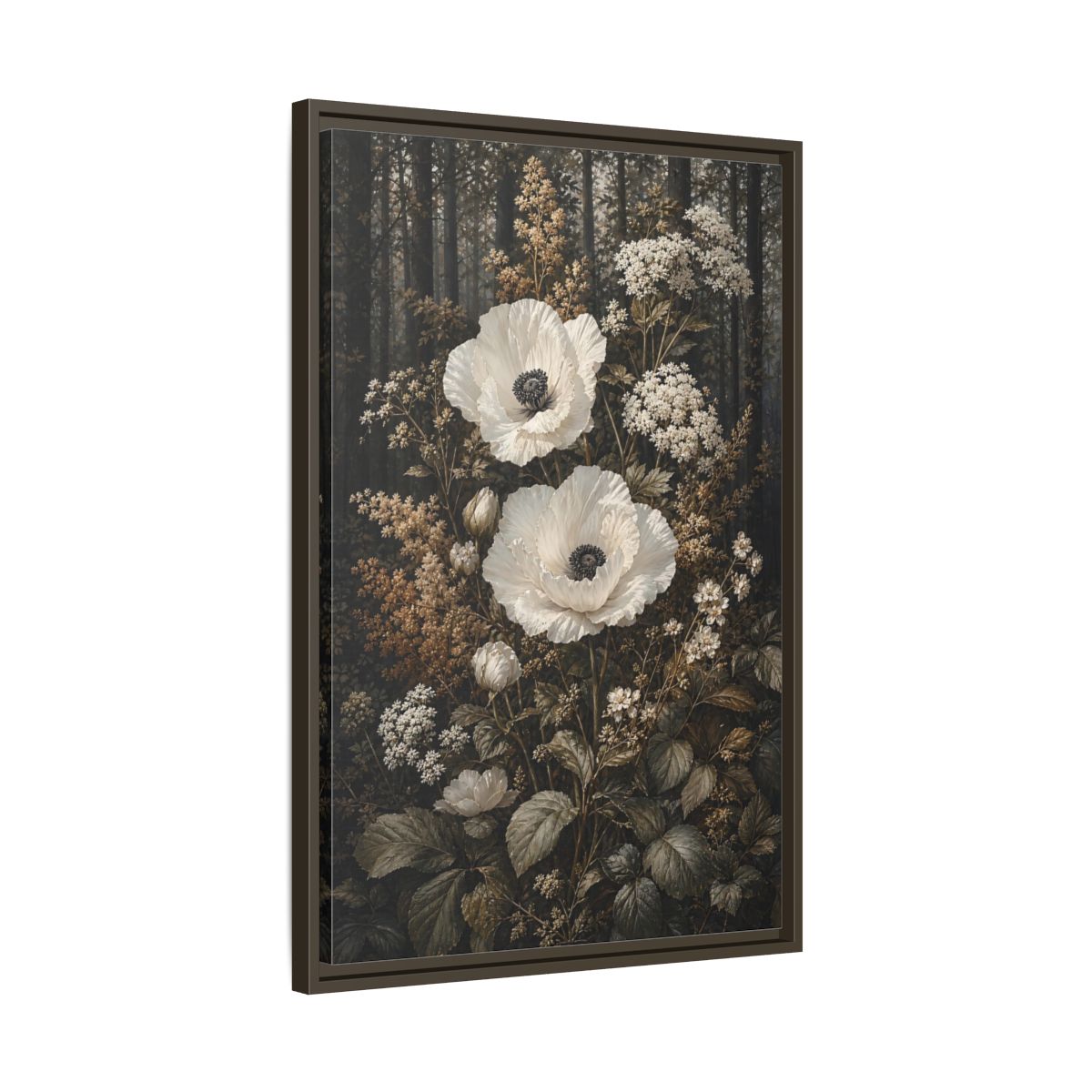 Side Mockup 11. Floral White Poppies White Poppies Forest shown as stretched canvas wall art