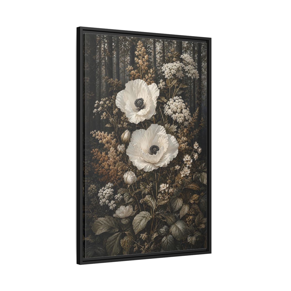 Side Mockup 13. Floral White Poppies White Poppies Forest shown as stretched canvas wall art