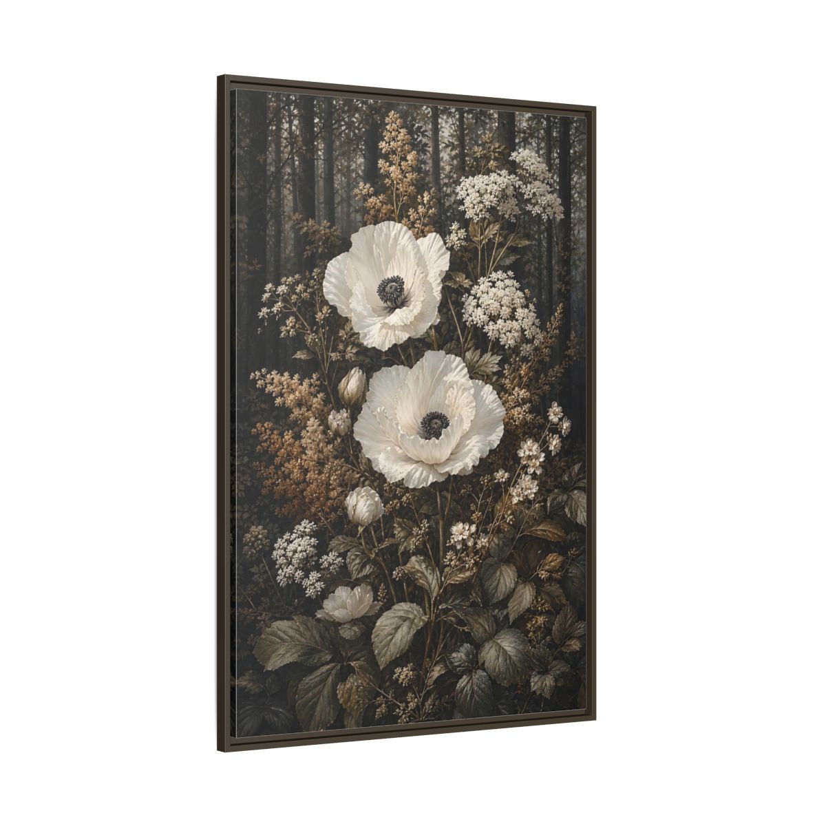 Side Mockup 8. Floral White Poppies White Poppies Forest shown as stretched canvas wall art