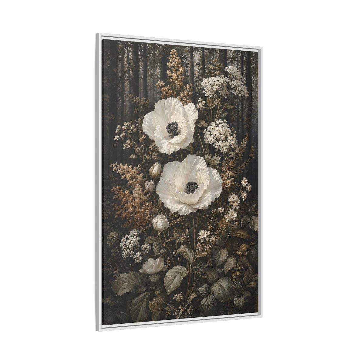 Side Mockup 7. Floral White Poppies White Poppies Forest shown as stretched canvas wall art