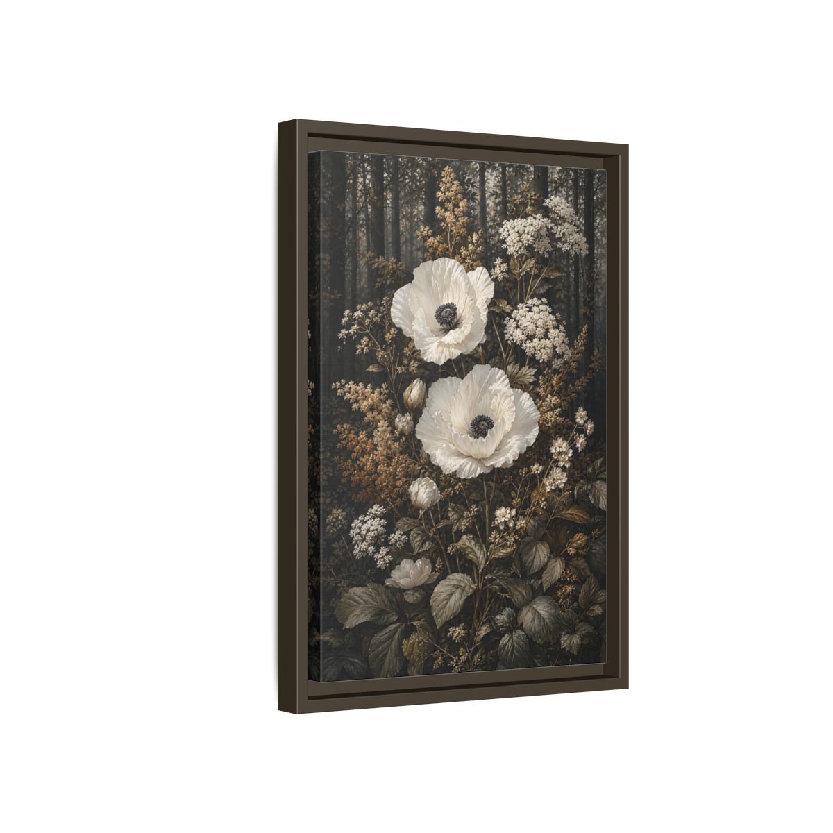 Side Mockup 5. Floral White Poppies White Poppies Forest shown as stretched canvas wall art