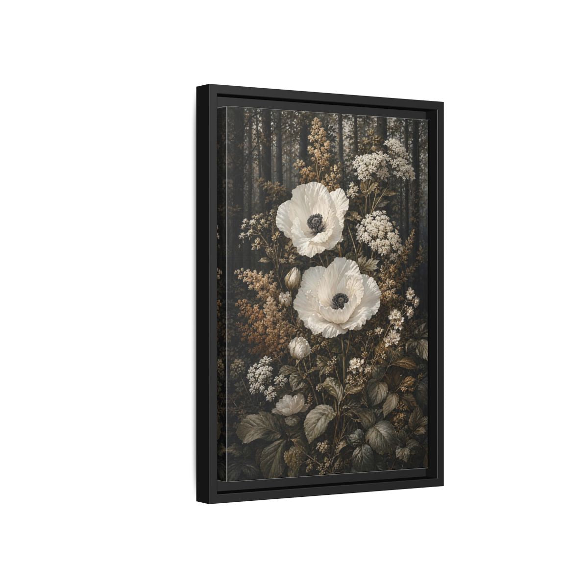 Side Mockup 6. Floral White Poppies White Poppies Forest shown as stretched canvas wall art
