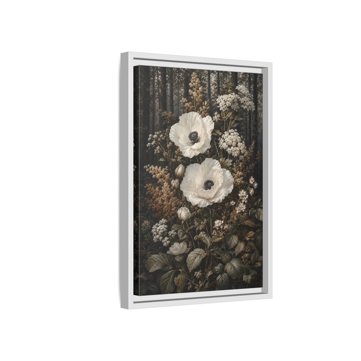 Side Mockup 4. Floral White Poppies White Poppies Forest shown as stretched canvas wall art