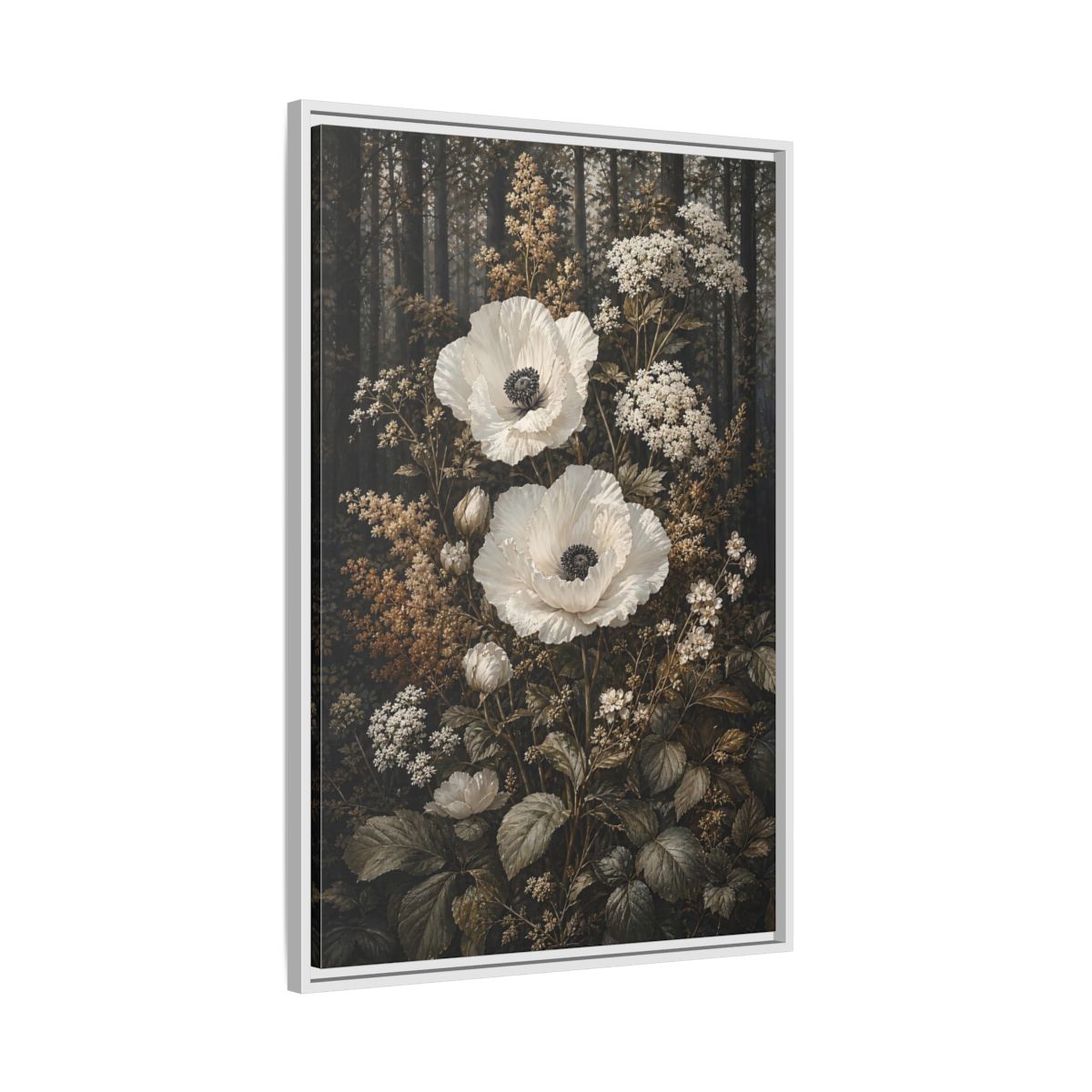 Side Mockup 9. Floral White Poppies White Poppies Forest shown as stretched canvas wall art