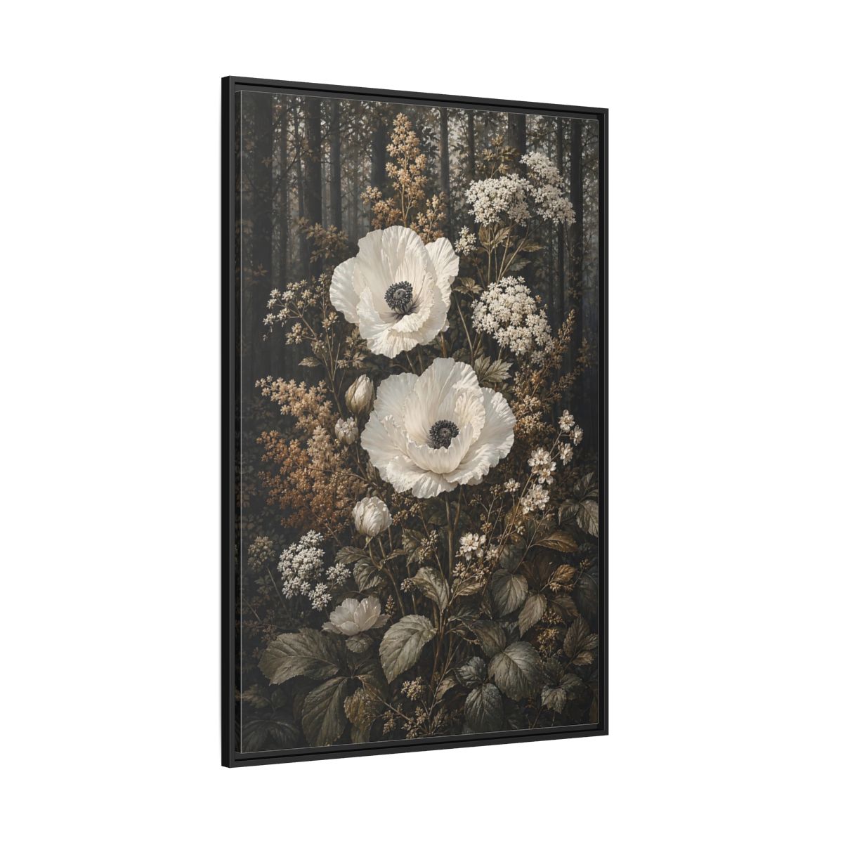Side Mockup 12. Floral White Poppies White Poppies Forest shown as stretched canvas wall art